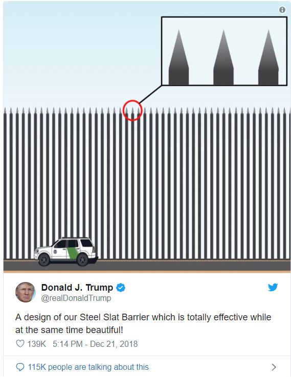 Tweet from President Trump with image of steel slat fence