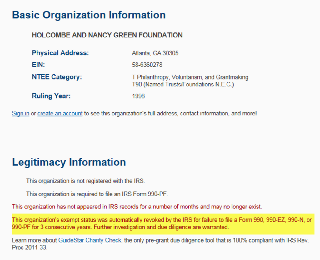 Screen Shot from Holcome and Nancy Green Foundation Report