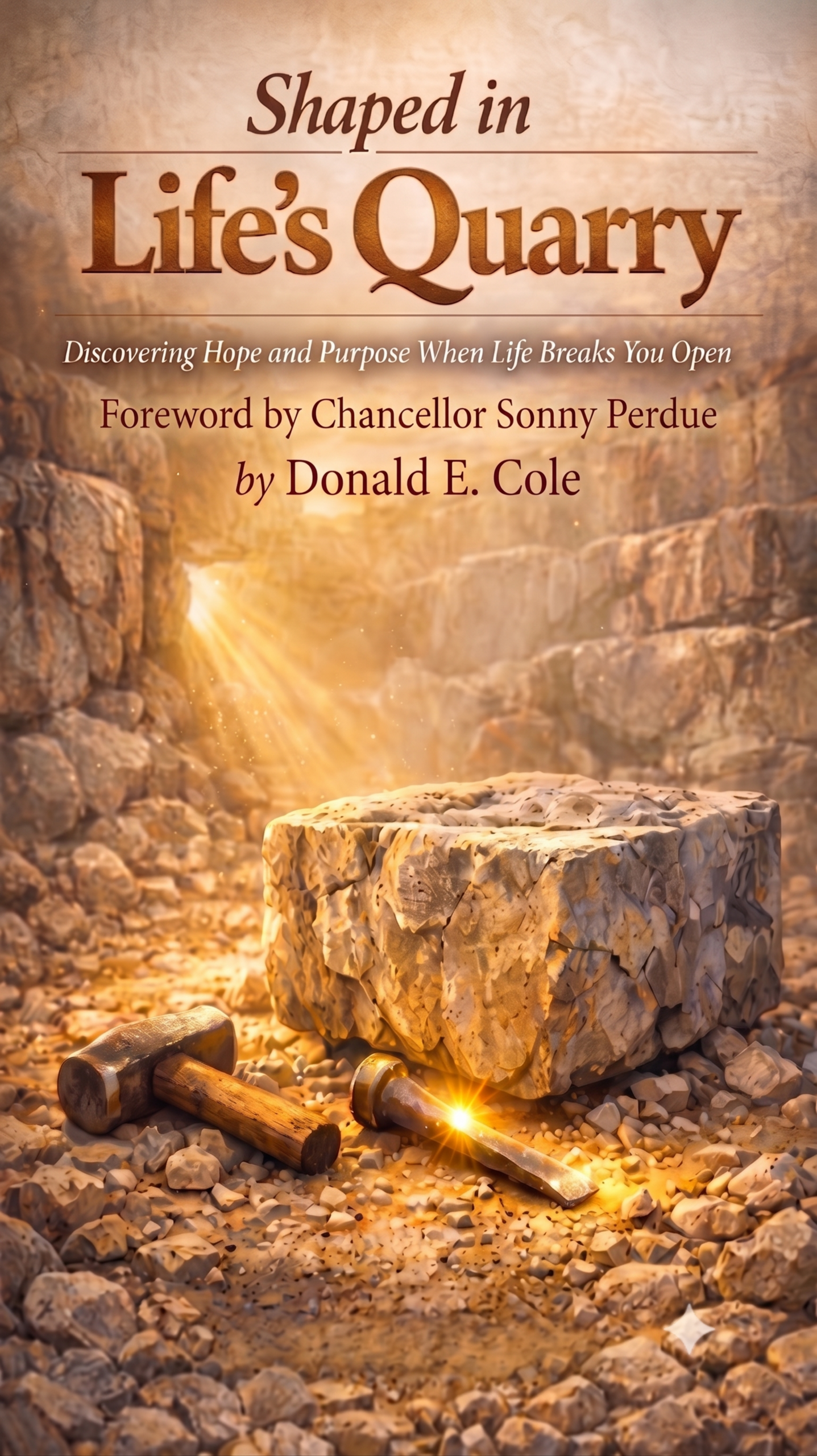 Book cover for Shaped in Life's Quarry with image of large block of granite in the quarry and hammer and chisel next to the stone. Foreword by Chancellor Sonny Perdue, by Donald E. Cole